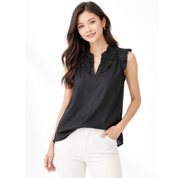 Loft Black Cotton Silk Ruffle Split Neck Sleeveless Blouse M Preppy Chic 68-00
